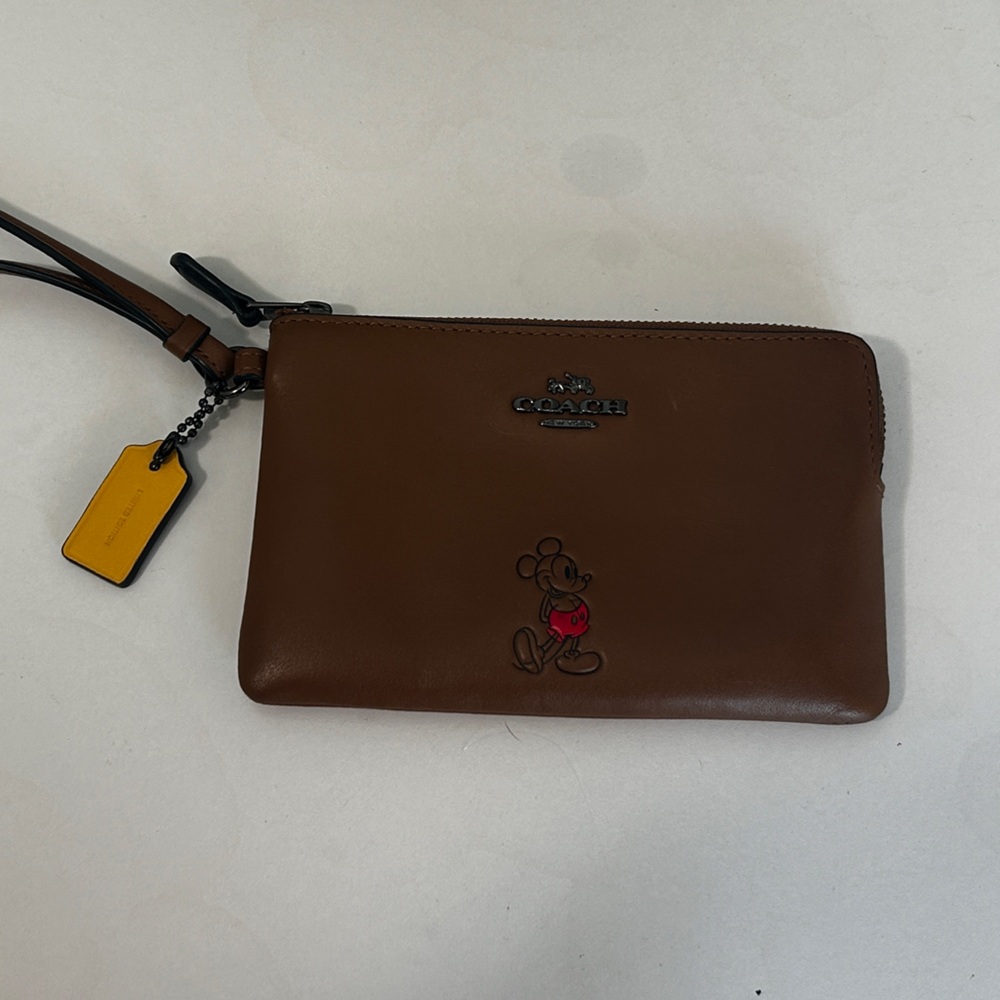 Coach Brown Leather Wristlet with Yellow Tag